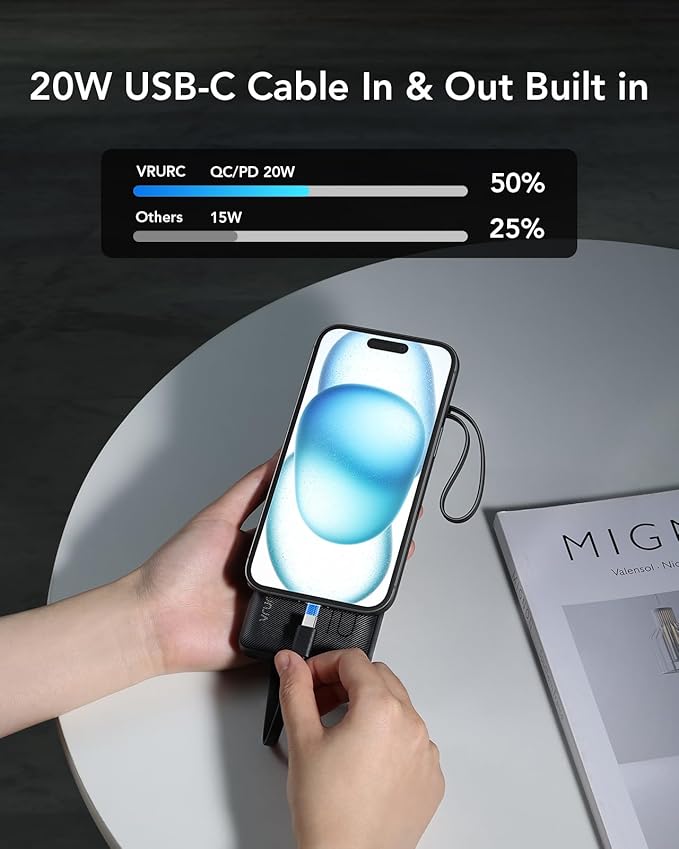 VRURC Portable Charger, 22.5W Slim Power Bank Fast Charging, 10000mAh USB C Portable Phone Charger, Compact Travel Battery Pack with Built-in Cables for iPhone 16 15 14 13, Samsung-Black(1 Pack)