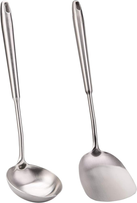 FJNATINH Wok Spatula and Soup Ladle Set - 304 Stainless Steel Wok Utensil Tools Set, 2 Pieces All Metal Cooking Kitchen Utensils,Chinese Wok Accessories for Cast Iron/Carbon Steel Wok