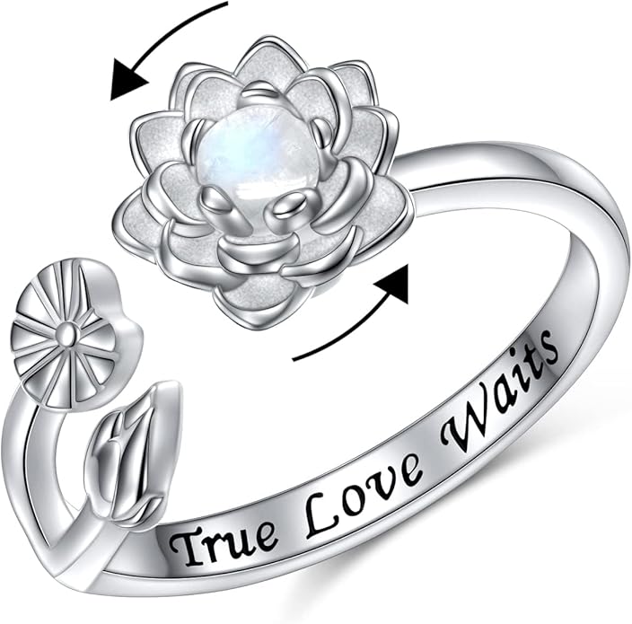 Moonstone Lotus Jewelry Set 925 Sterling Silver Lotus Flower Ring Engraved True Love Waits Natural Healing Buddha Spiritual Yoga Lotus Jewelry Set Gifts for Women