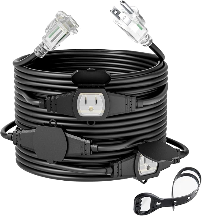 25FT 12 Gauge Outdoor Power Extension Cord,Four Outlet Cable.Multiple Evenly-Spaced Plug Ideal for Landscaping Light,Stage Backline,Holiday decoratio,Cord Splitter ETL Listed…