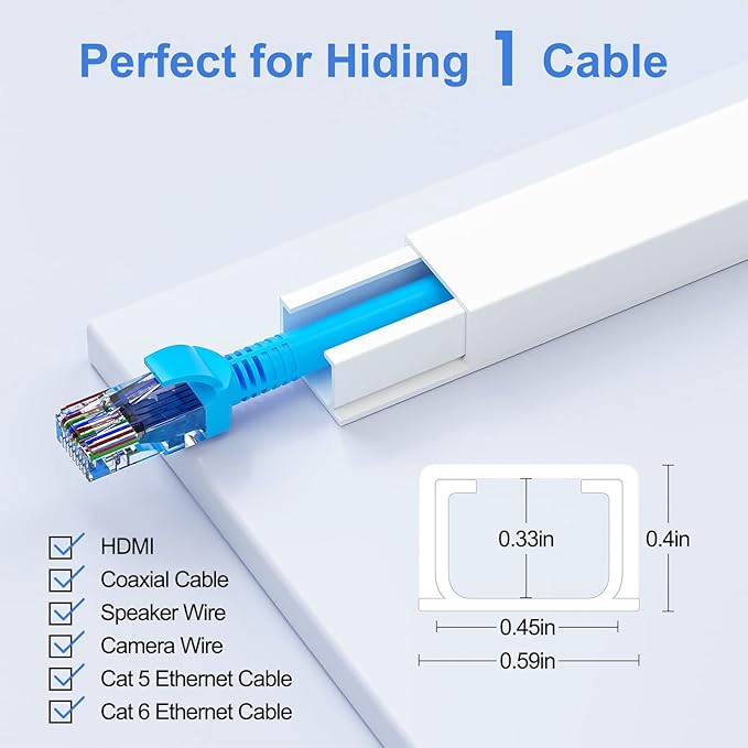Yecaye Cord Hider, One-Cord Cable Concealer, Cord Covers for Wires on Wall, Easy Install Cable Management Kit for 2 Small Wires, Cables Raceway Home Office, W0.59in H0.4in, White