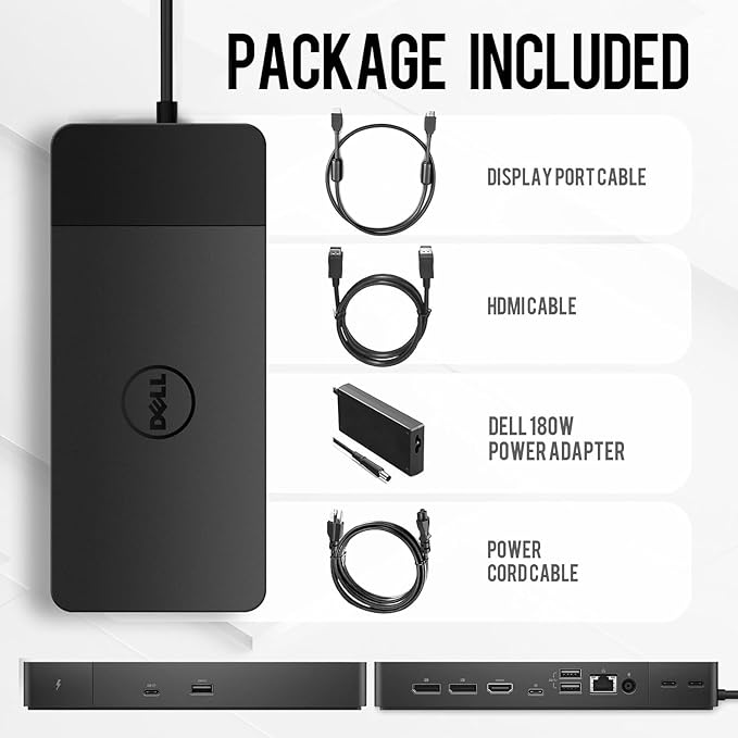 Dell WD22TB4 Docking Station, Performance Thunderbolt 4 Dock - 3 Year Warranty, with 180W Power Adapter + 130W Power Delivery + ZoomSpeed HDMI Cable + ZoomSpeed DP Cable, Supports 4K Displays - New