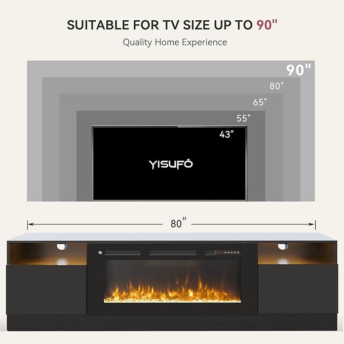 90” TV Stand with 50” WI-FI Electric Fireplace, Large Modern Media Entertainment Center with Storage Cabinet and 12 Colors LED Lights for TVs Up to 100",All Black
