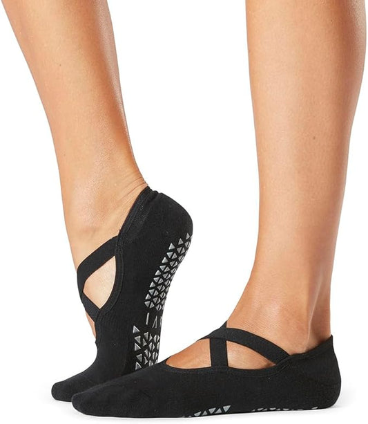 TAVI NOIR Chloe Fashion Criss-Cross Grip Socks for Barre, Pilates and Yoga, Ebony, Medium