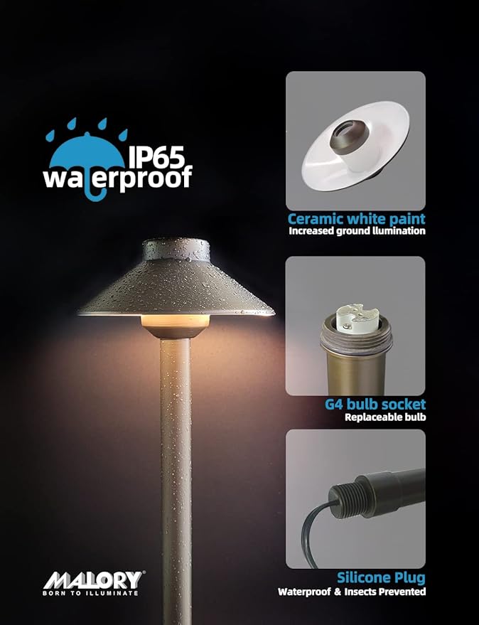 MALORY Low Voltage Pathway Lights Brass 4-Pack,(22.9''H) 12V Landscape Path Lighting, Outdoor Garden Lights with 2W 2700K LED G4 Bulb for Walkway Driveway Patio Yard & Lawn(P01)