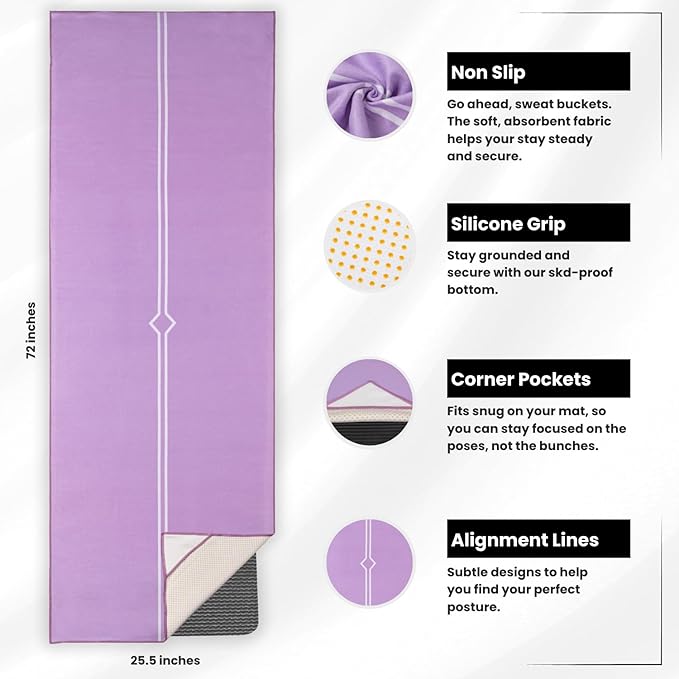 Yoga Grip Yoga Towel - Non Slip Hot Yoga Mat Towel With Corner Pockets, No-Skid Grip, and Built-in Alignment Lines | Soft, Moisture Wicking, and Sweat Absorbent | No Bunching, Stays in Place 72" x 25"