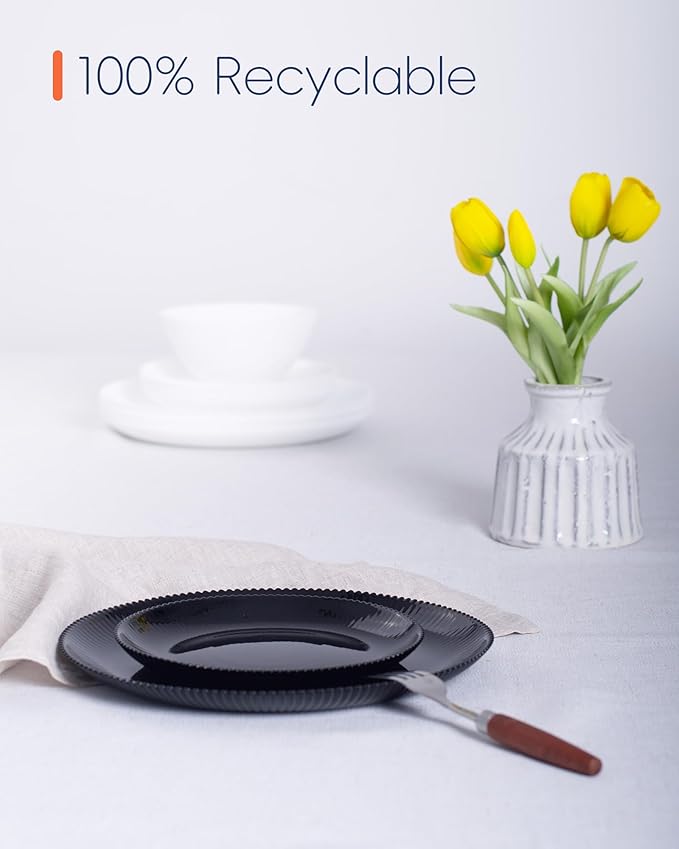 10.5 inch Ribbed Dinner Plate Set of 6, Round Opal Glass Black Dinnerware Plates, Dishwasher and Microwave Safe