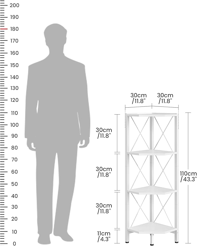4-Tier Corner Shelf, Corner Bookcase, 43.3" Tall Vertical Display Rack, Plant Stand, Open Storage Shelf, for Living Room, Bedroom, Study, Kitchen, White TCJ14WB