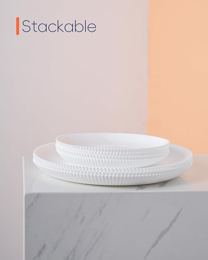 10.5 inch Ribbed Dinner Plate Set of 6, Round Opal Glass White Dinnerware Plates, Dishwasher and Microwave Safe