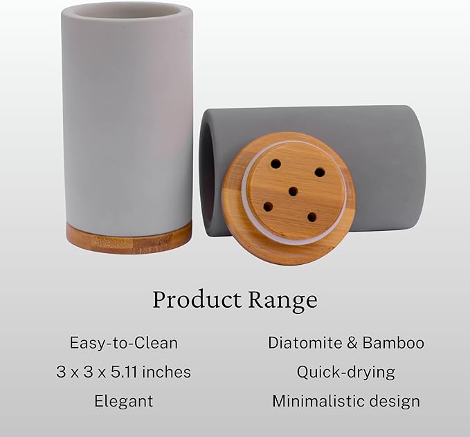 Matani Bamboo Toothbrush Holder Diatomite Tooth Brush Organizer - Storage Stand for Small Bathroom & Counter - Removable Base & Drain Holes, Water-Absorbent & Quick-Drying (Off White)