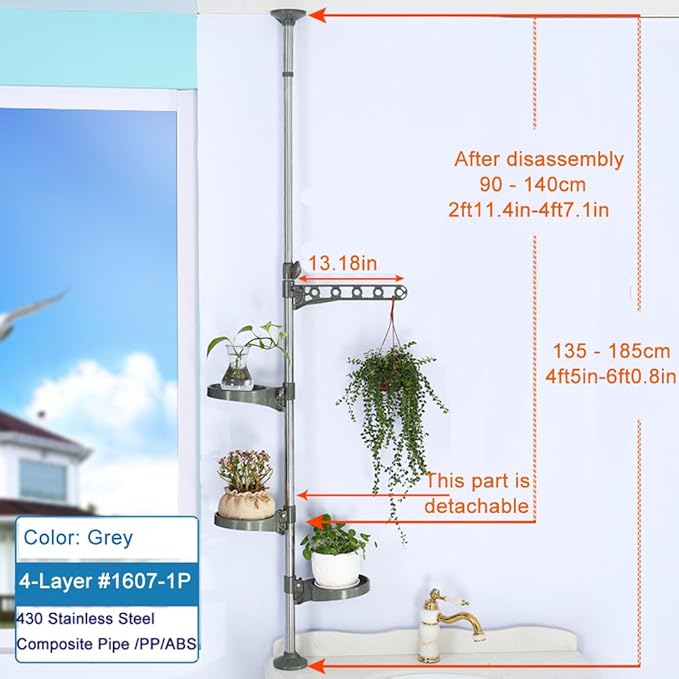 BAOYOUNI Indoor Plant Pole Stand Tension Rod Adjustable Flower Display Rack Spring Loaded Floral Hanger Storage Shelf with 3 Trays & 1 Arm for Windowsill Counter Top, Grey