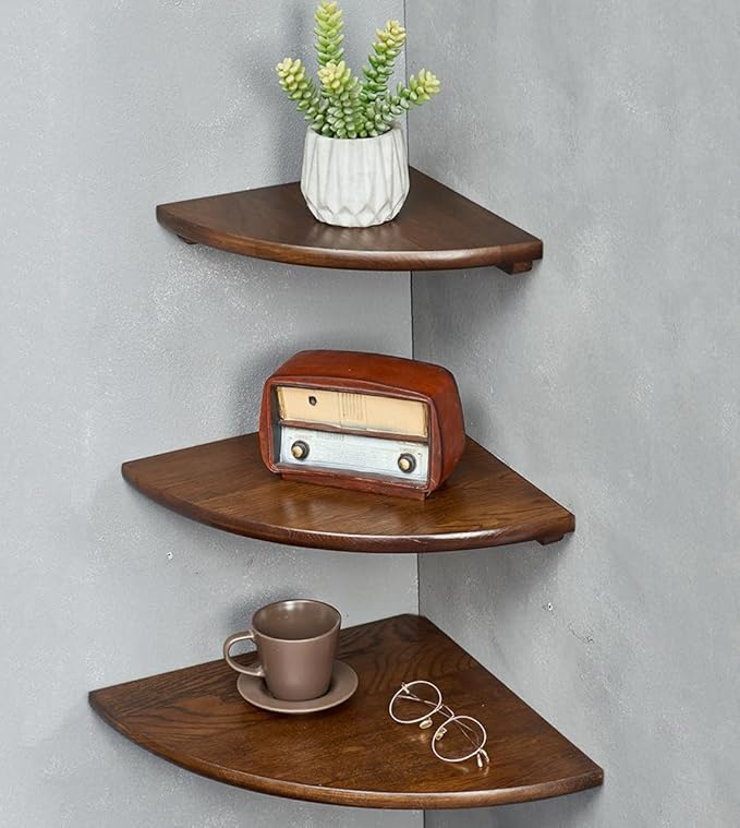 Corner Shelves, Floating Corner Shelf, Set of 3 Solid Oak Wood Corner Wall Shelves, Round End with Wire Hole Shelving for Small Plant for Bedroom Kitchen, Living Room (Size 9/10/12in)