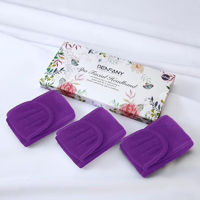 Denfany Spa Headband 3 Pack Ultra Soft Adjustable Face Wash Headband for Face Washing, Shower, Makeup and Sport (purple)