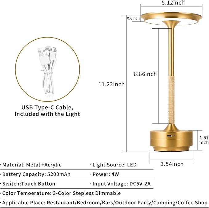 Rechargeable Cordless LED Table Lamps Touch Sensor Light, 3-Levels Portable Dimming Wireless Battery Operated Lamp，Nightstand Lamp/Night Light/Restaurant Table/Outdoor/Coffee/Bar (Gold)