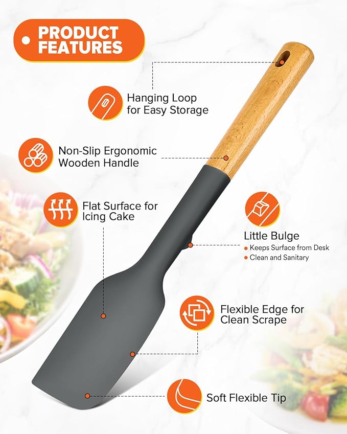 Silicone Spatula Spoon Set, Great for Mixing, Folding, Scraping, and Spreading, Sturdy BPA-Free Matte Silicone, Wooden Handle Rubber Spoonula for Nonstick Cookwares,4 Pack (GREY)