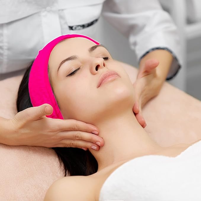 Denfany 3 Pack Makeup Headband, Ultra Soft Adjustable Spa Facial Headbands Terry Cloth Stretch Make Up Wrap for Face Washing, Bathing, Showers (Rose Red)