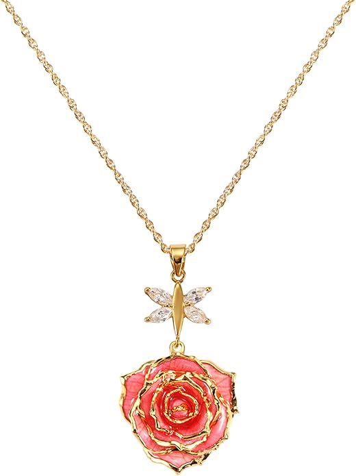 AliveRose Real Rose Gold Dipped Necklace Gifts for Women, 24K Gold Dipped Rose Pendant Necklace Jewelry Mothers Day Anniversaries Birthday Christmas Special Occasions Gifts for Her Mom Wife