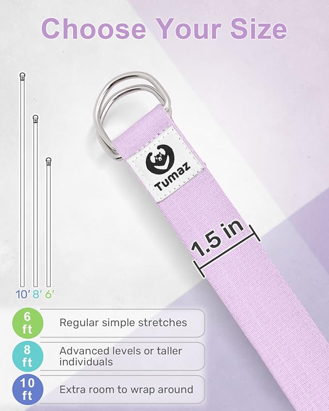 Tumaz Yoga Strap/Stretch Bands [15+ Colors, 6/8/10 Feet Options] with Extra Safe Adjustable D-Ring Buckle, Durable and Comfy Delicate Texture - Best for Daily Stretching, Physical Therapy, Fitness
