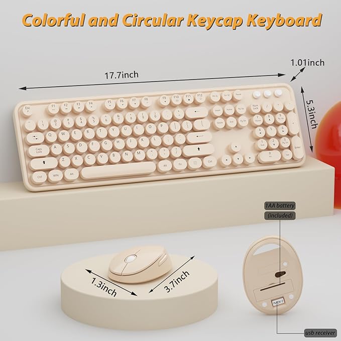 Kootop Wireless Keyboard and Mouse Combo, Cute Colorful 104 Keys Typewriter Retro Round Keycaps Keyboard for PC Laptop,Desktop,Windows, Home and Office Keyboards Coffee