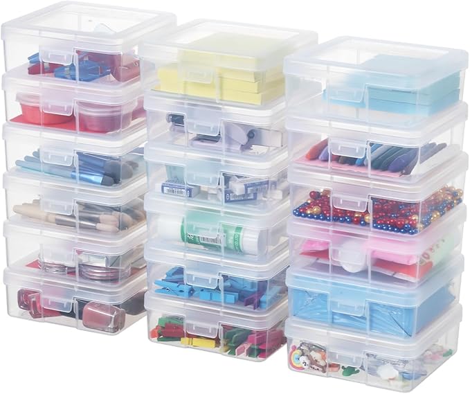 novelinks Stackable Plastic Clear Storage Box Containers with Latching Lid - Art Craft Supply Organizer Storage Containers for Pencil Box, Crayon, Beads, Jewelry (18 Pack Small -Clear)