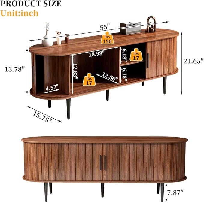 Mid Century Modern Fluted TV Stand, Walnut TV Stand for 55 Inch TV, Wooden Entertainment Center with Sliding Doors and Ample Storage Space, Media Console Storage Cabinet for Living Room or Bedroom