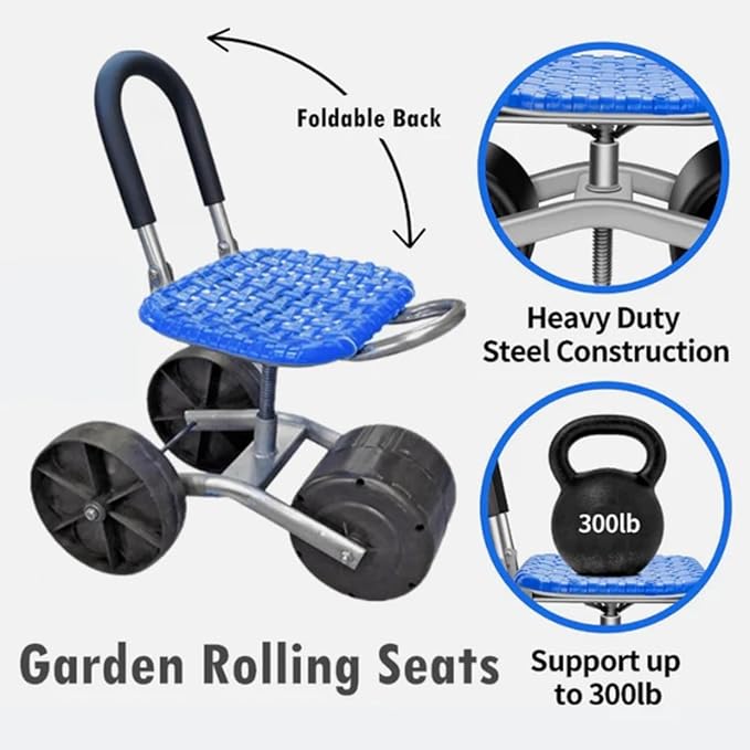 Garden Stool with Wheels, Height Adjustment, Rolling Garden Cart with 360° Swivel Seat, Portable Garden Scooter for Gardening Work（4 Wheels）