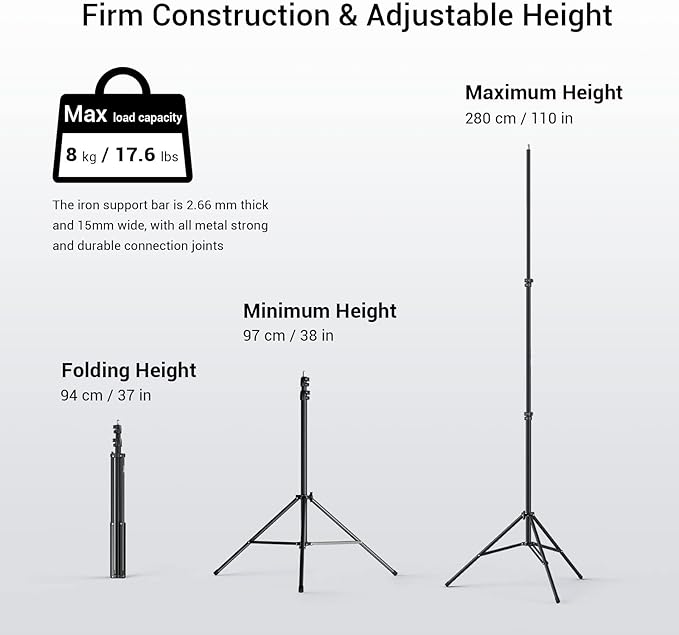 SMALLRIG Photography Light Stand 110"/9.2ft/280cm, Air-Cushioned Aluminum Photo Video Tripod Stand with 1/4" Screw for Softbox, Studio Light, Reflector and Ring Light, Max Load 8kg, RA-S280