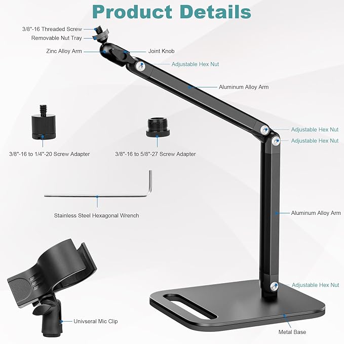 Studio Microphone Stand,Adjustable Mic Arm Clip Desktop Mount,1/4" and 5/8" Screw Adapters,Compatible with Fifine/Shure/Pyle / AT2020 / Razor/Rode/Blue Yeti & Snowball/Webcam Camera