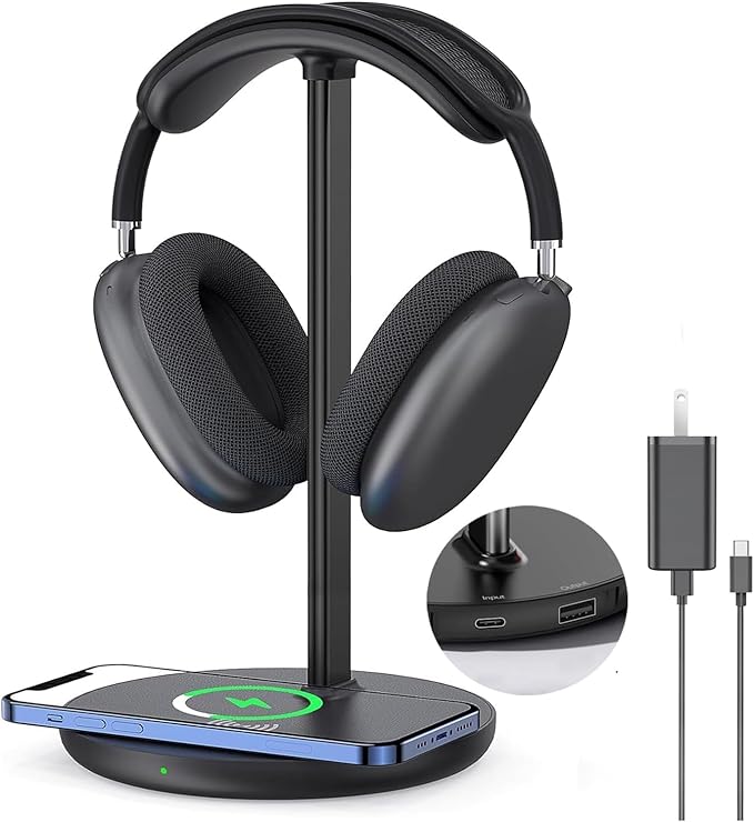 Miroddi Headphone Stand with Wireless Charger, Independent USB Charging Port, 5 in 1 Charging Station Headset Holder Rack for AirPods Max/Pro/4/3/2, iWatch, iPhone, Samsung and Desk Headphones, Black