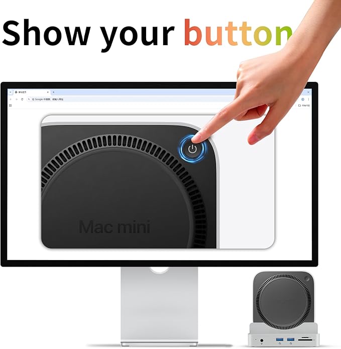 Phixero M4 Mac mini Dock with NVMe SSD Enclosure, 6-in-1 Aluminum Stand hub, 10Gbps USB-A, SD/TF Reader, Space-Saving Design.