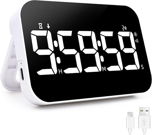 LED Timer（1.5" Number） with Voice Reminder, Digital Magnetic Timer, Countdown/Up, Rechargeabilit, Brightness Display, 3 Volume Levels and Vibration Mode, for Classroom, Study (White)