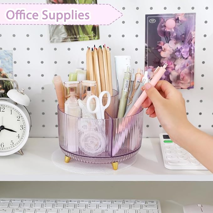 SKYDUE Rotating Pencil Pen Holder, Pen Organizer with 5 Slots - Aesthetic Desk Organizer and Accessories for School, Home, Office Supplies, Clear Purple