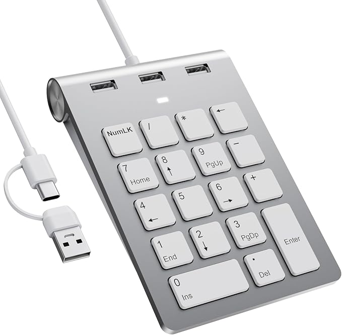 Wired Numeric Keypad with USB A/USB C, Multifunction Keys Number Pad with 3 Additional USB 2.0 Ports, 18 Keys, 15° Ergonomic Programmable Numeric Pad for Laptops, Notebooks, and Desktops