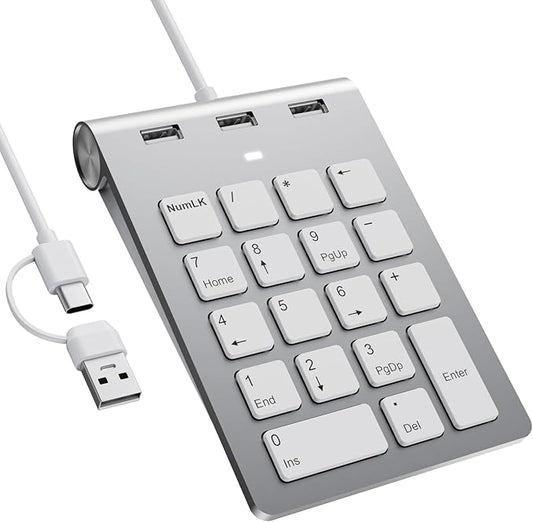 Wired Numeric Keypad with USB A/USB C, Multifunction Keys Number Pad with 3 Additional USB 2.0 Ports, 18 Keys, 15° Ergonomic Programmable Numeric Pad for Laptops, Notebooks, and Desktops