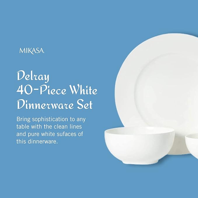 Mikasa Delray 40-Piece White Dinnerware Set, Service for 8, Durable Porcelain Plates, Bowls, and Mugs, Dishwasher and Microwave Safe
