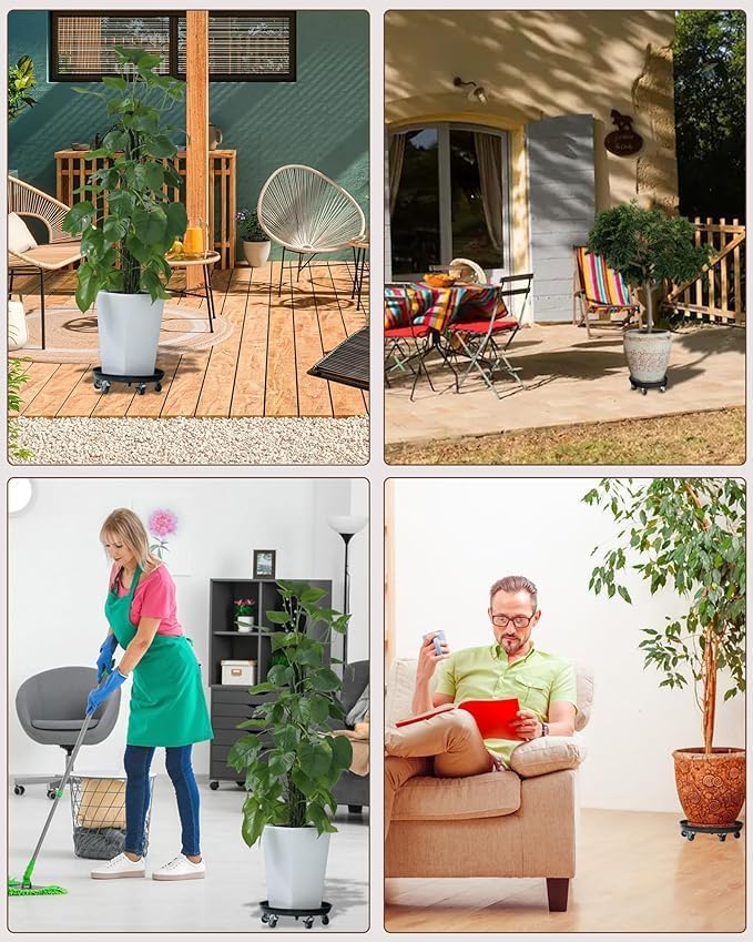 Heavy-Duty Plant Caddy with Wheels 12 Inch, 360° Lockable Caster,Outdoor Rolling Plant Dolly That is Not Easily Rusted, Indoor Metal Plant Cart with Rollers, Plant Pot Trolley, Black 3Pack