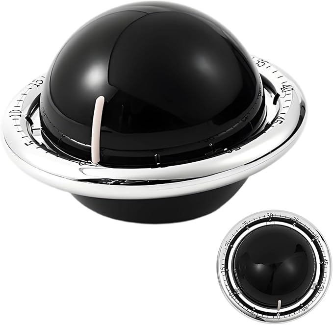 Planet-Shaped Mechanical Timer | No Batteries Needed | 59-Minute Countdown | Magnetic Base | Multi-Purpose Kitchen, Study & Classroom Timer (Black)