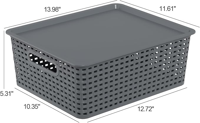 Hespama 6 Pack Plastic Woven Baskets, Stackable Storage Basket with Lid, Dark Grey