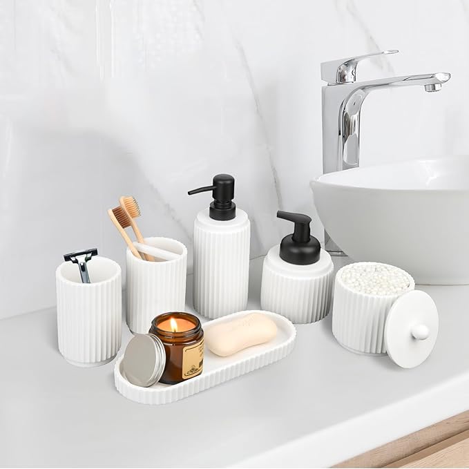 White Bathroom Accessory Set - 6 Pcs: Toothbrush Holder, Lotion & Foaming Soap Dispensers, Qtip Holder, Vanity Tray, Bathroom Tumbler, Countertop Organizer