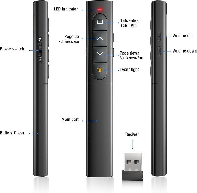 Presentation Clicker Wireless Slide Remote for Powerpoint PPT Slideshow, USB Presenter Pointer Advancer for Office Classroom Laptop/Computer/Mac Red Light