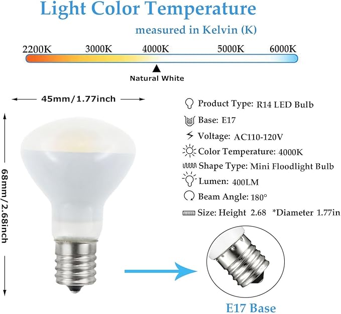 2-Pack E17 R14 LED Bulb, 4W Natural White 120V E17 Intermediate Base Mini Reflector Floodlight Light Bulb, Non dimmable