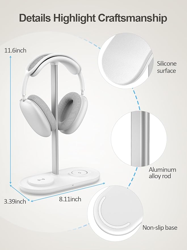 TopMade 5 in 1 Headphone Stand for Desk with Wireless Charger & USB Charging for iPhone/AirPods/iWatch, Universal Desktop Gaming Headset Holder for Airpods Max, Bose, Beats, Razer and More, White