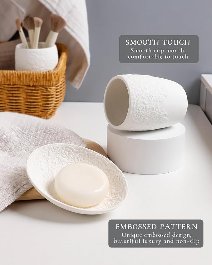 Bathroom Accessories Set with Embossed Design 4PCS, Ceramic White Bathroom Accessory Set Bathroom Toothbrush Holder Set Home Decor, 1 Soap Dispenser 13.5oz, 2 Tumbler Cup, 1 Soap Dish, ANTIS'S HOME