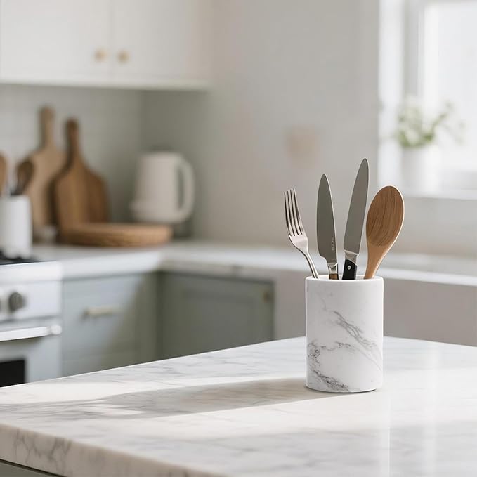 WORHE Natural Marble Pen Holder for Desk, Handcrafted Volakas Sturdy Desk Organizer for Office Supplies Storage Desktop Stationary Makeup Brushes Cup Pencil Holders for Home White (DL002)