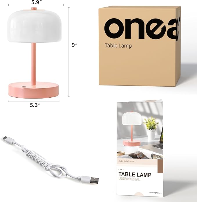 Oneach Portable Cordless Table Lamp, Rechargeable Battery Powered Lamp with Opal Glass Shade, 3-Way Dimmable LED Touch Mushroom Table Lamp for Bedroom, Bedside, Living Room, Dining Room, Patio, Pink