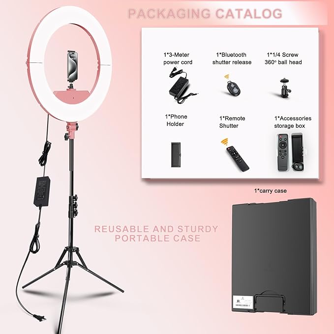 Ring Light 18 INCH Kit,55W6700k Dimmable LED Light, Tripod Stand, Remote Controller,Box for Camera,Smartphone,YouTube,TikTok,Self-Portrait Shooting,CRI95 (Pink)