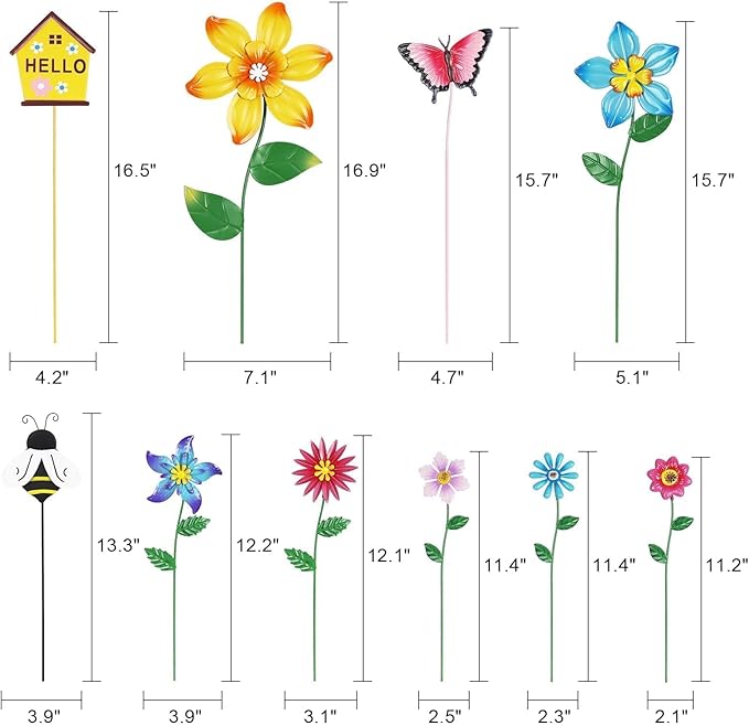 hogardeck Garden Decor for Outside, Set of 10 Metal Flowers Decorative Garden Stakes for Spring Decor, Gardening Gifts for Women Mom Grandma Wife, Yard Art Outdoor Lawn Porch Pathway Decorations