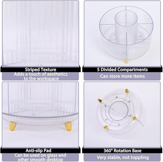 SKYDUE Rotating Pencil Pen Holder, Pen Organizer with 5 Slots - Aesthetic Desk Organizer and Accessories for School, Home, Office Supplies, Clear