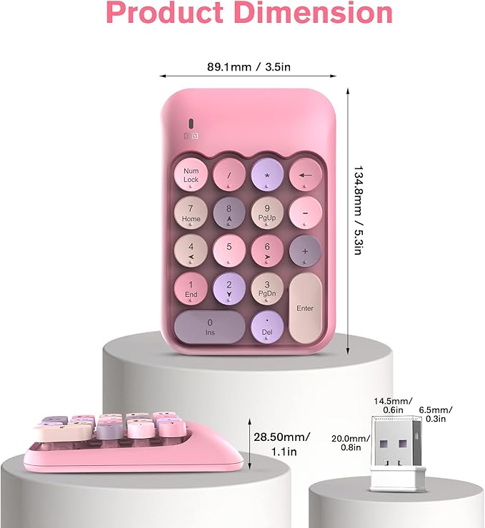 PINKCAT Wireless Number Pad, Cute 18 Keys Numeric Keypad with 2.4G Mini USB Receiver, Portable Silent Number Numpad Financial Accounting for Laptop, PC, Notebook, Desktop, Surface - Pink Mix