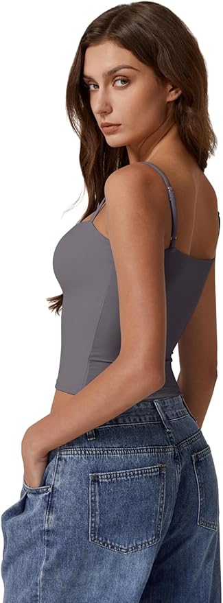 QINSEN Women's Double Lined Basic Tank Top Adjustable Spaghetti Straps Sleeveless Camisole Shirts